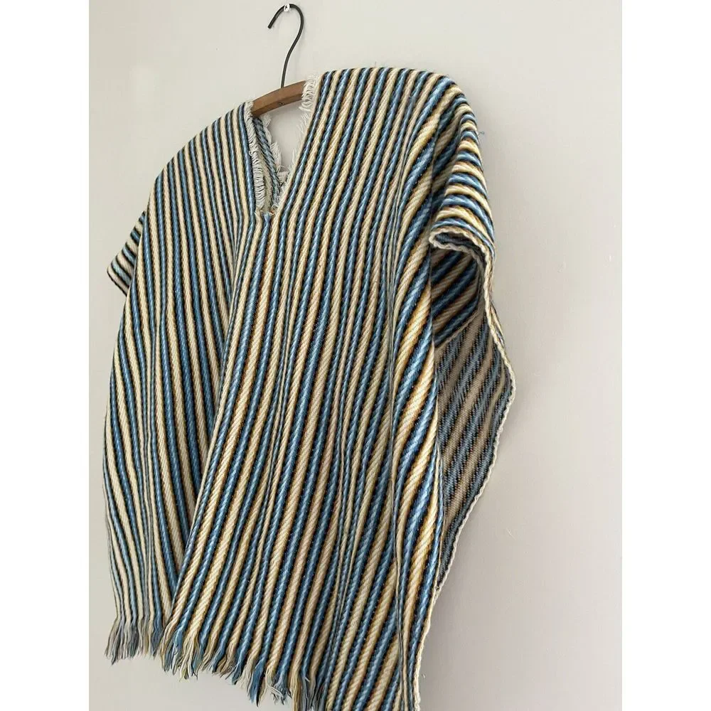 Vintage Mexican Kids Serape Pancho Blue‎ Gold Stripe Open Sides Slip On 22